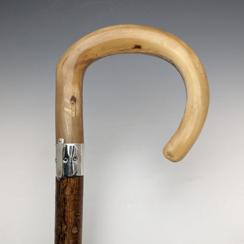 British Vintage Men's Cane, Horn Bent Handle, Sterling Silver Decoration, Hazel Wood Shaft, 92cm