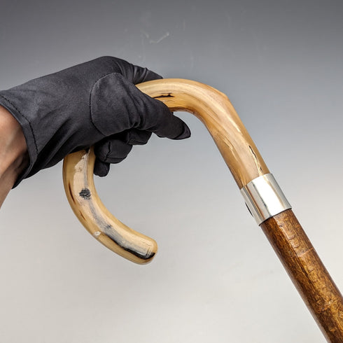 British Vintage Men's Cane, Horn Bent Handle, Sterling Silver Decoration, Hazel Wood Shaft, 92cm
