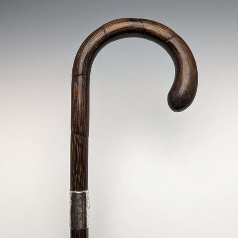 1921 年英國古董男士手杖,輕質弧形手柄,純銀裝飾,棕色桿,88 厘米