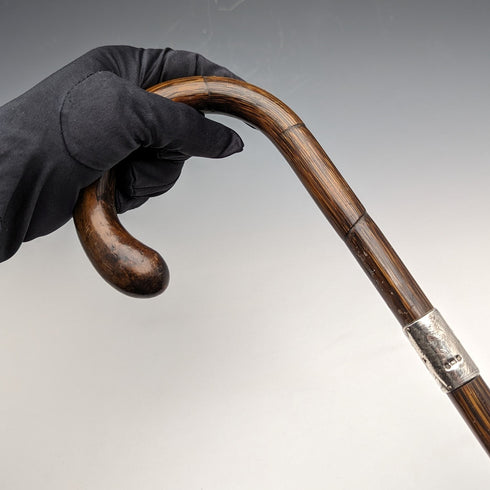 1921 British Antique Men's Cane, Lightweight Curved Handle, Sterling Silver Decoration, Brown Shaft, 88cm