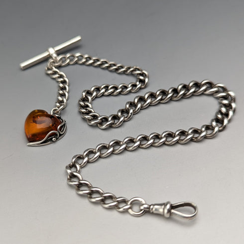 1900年頃 英国アンティーク 純銀製アルバートチェーン 33g ハート型琥珀フォブ