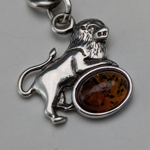 1910年頃 英国アンティーク 純銀製アルバートチェーン 34g 琥珀付きライオンフォブ