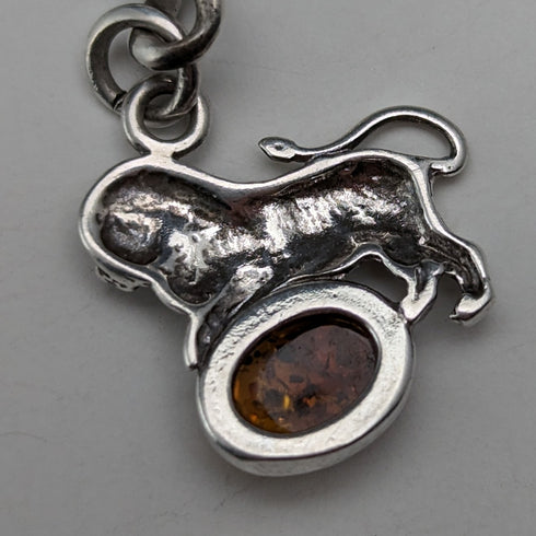 1910年頃 英国アンティーク 純銀製アルバートチェーン 34g 琥珀付きライオンフォブ