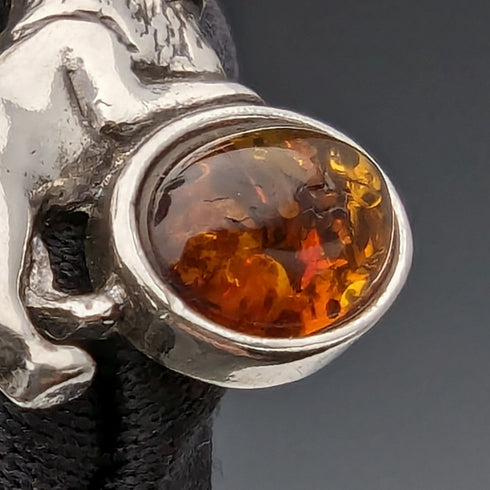 1910年頃 英国アンティーク 純銀製アルバートチェーン 34g 琥珀付きライオンフォブ