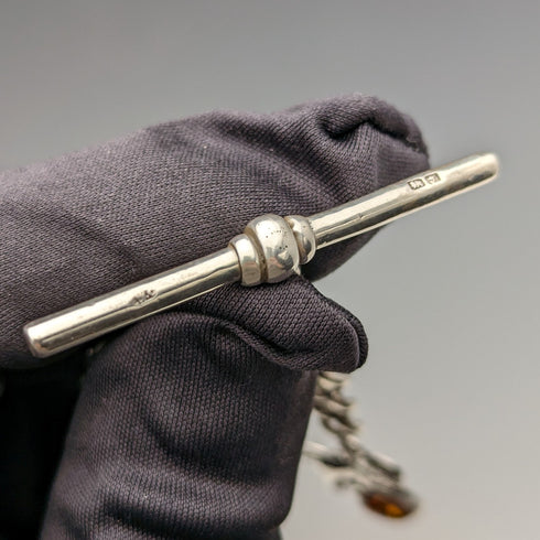 1910年頃 英国アンティーク 純銀製アルバートチェーン 34g 琥珀付きライオンフォブ