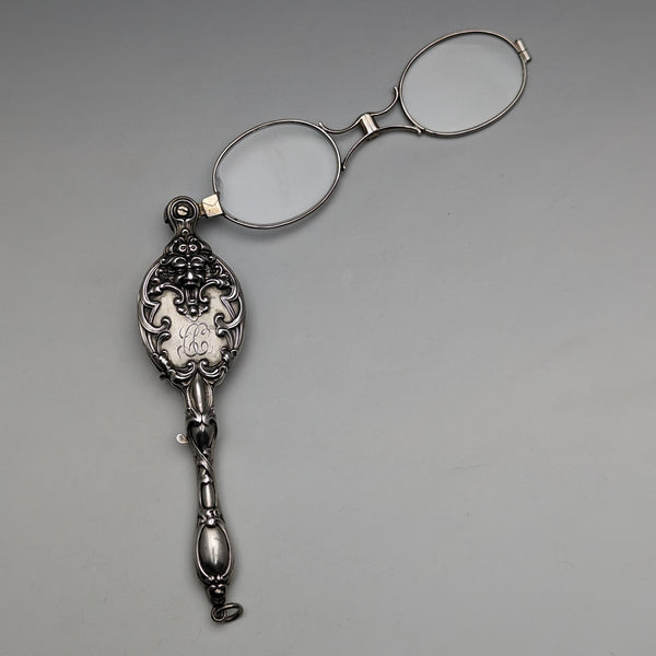 米国アンティーク 純銀製 アール・ヌーヴォー装飾 携帯用折りたたみ式眼鏡 ロニエット