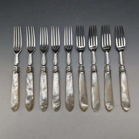 1875年 英国アンティーク 白蝶貝ハンドル&純銀ブレード カトラリー9ペアセット Walker & Hall 木箱入り