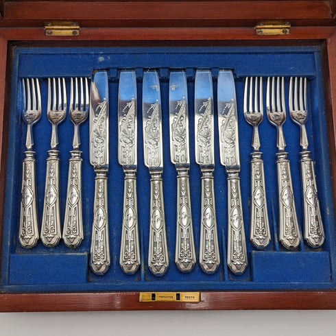 1861年 英国アンティーク シルバープレート製 カトラリー 6ペアセット Elkington 木箱入り