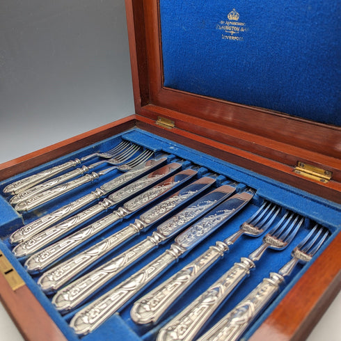 1861年 英国アンティーク シルバープレート製 カトラリー 6ペアセット Elkington 木箱入り