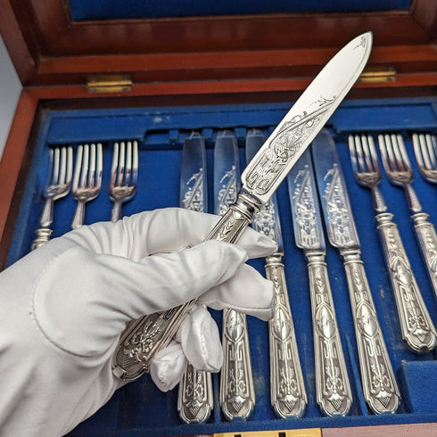 1861年 英国アンティーク シルバープレート製 カトラリー 6ペアセット Elkington 木箱入り