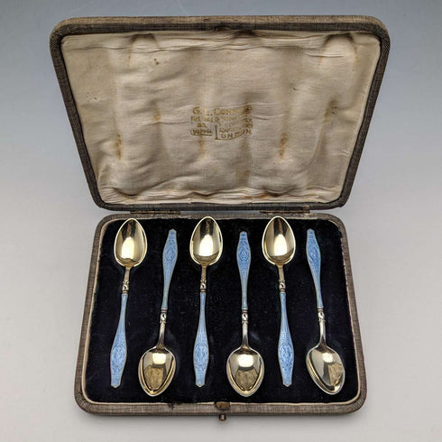 1913年 英国アンティーク エナメル装飾 純銀製 コーヒースプーン6本セット Theodor Hartmann