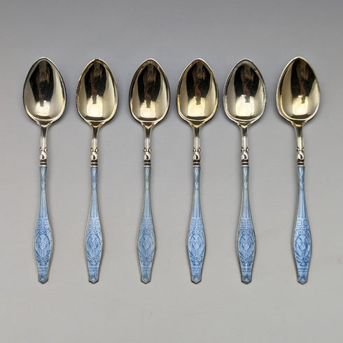 1913年 英国アンティーク エナメル装飾 純銀製 コーヒースプーン6本セット Theodor Hartmann