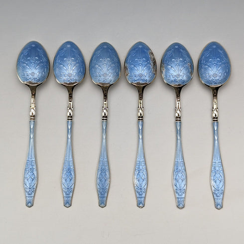 1913年 英国アンティーク エナメル装飾 純銀製 コーヒースプーン6本セット Theodor Hartmann