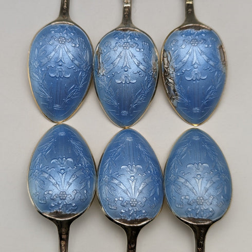 1913年 英国アンティーク エナメル装飾 純銀製 コーヒースプーン6本セット Theodor Hartmann