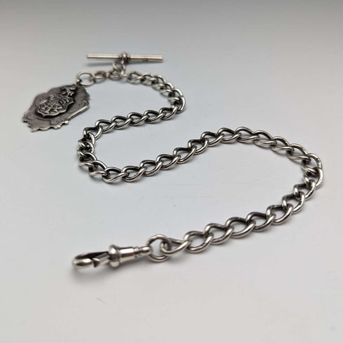 1884年頃 英国アンティーク 純銀製アルバートチェーン 37g エンブレムフォブ
