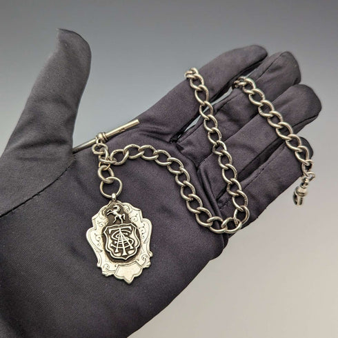 1884年頃 英国アンティーク 純銀製アルバートチェーン 37g エンブレムフォブ