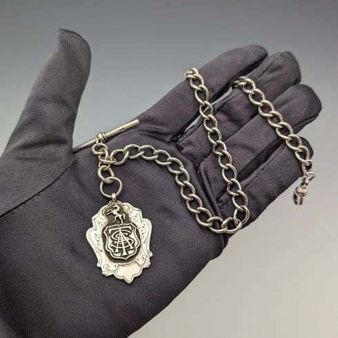 1884年頃 英国アンティーク 純銀製アルバートチェーン 37g エンブレムフォブ