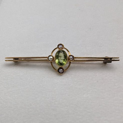 英国アンティーク 15ctゴールド製 グリーンストーン&パール ピンブローチ