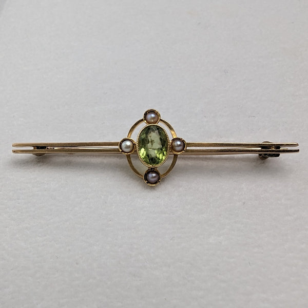 英国アンティーク 15ctゴールド製 グリーンストーン&パール ピンブローチ
