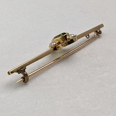 英国アンティーク 15ctゴールド製 グリーンストーン&パール ピンブローチ