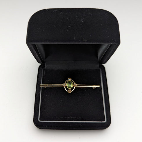 英国アンティーク 15ctゴールド製 グリーンストーン&パール ピンブローチ