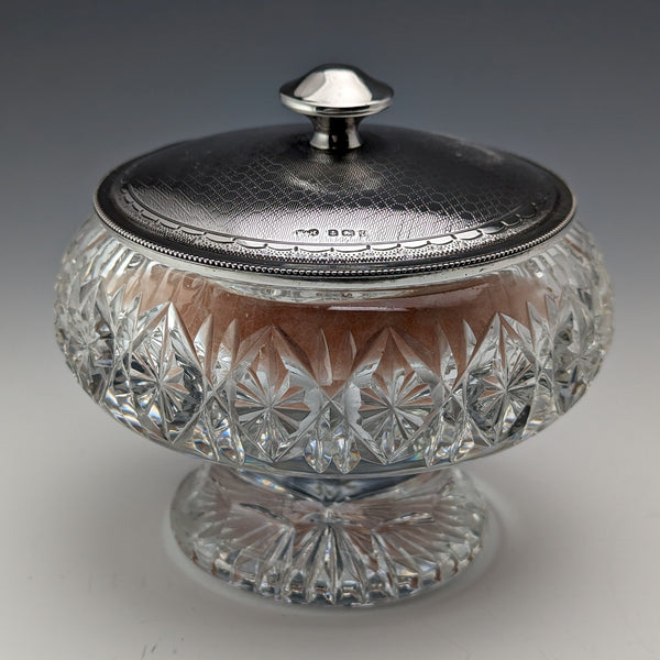 1929年 英国ヴィンテージ カットガラス ミラー付きパウダージャー 純銀蓋 Harrison & Hipwood