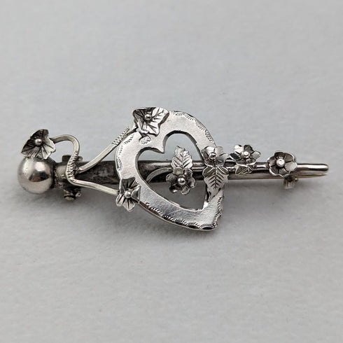 1900年 英国アンティーク 純銀製 オープンハート&植物 ブローチ Barker Brothers
