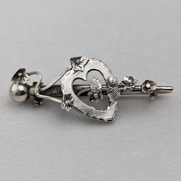 1900年 英国アンティーク 純銀製 オープンハート&植物 ブローチ Barker Brothers