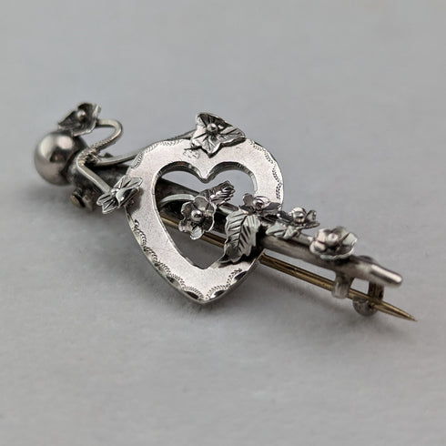 1900年 英国アンティーク 純銀製 オープンハート&植物 ブローチ Barker Brothers