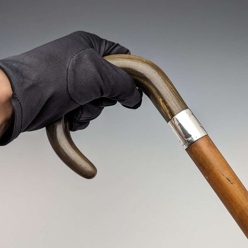 Bastón de caballero vintage británico de 1932, mango curvado de cuerno, 86 cm