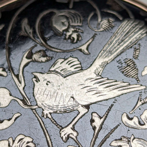 Circa 1923 Antique Longines pocket watch with flower and bird decoration, silver side Niero Hunter case, in good working order