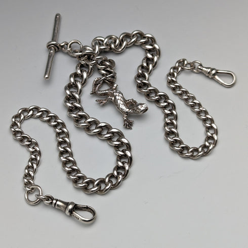 Circa 1920 British Antique Sterling Silver Double Albert Chain 59g Sterling Silver Lizard Fob