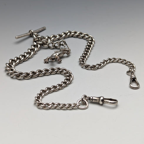 Circa 1920 British Antique Sterling Silver Double Albert Chain 59g Sterling Silver Lizard Fob