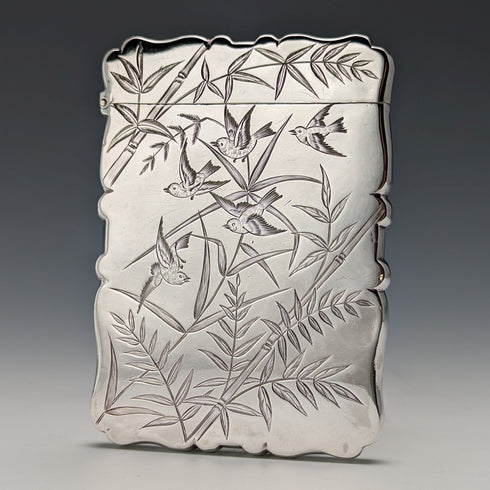 1881 British Antique Sterling Silver Card Case Japonisme Decoration 63g Deakin and Nephew