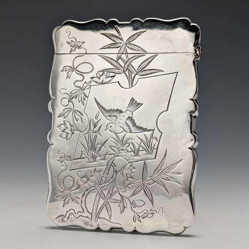 1881 British Antique Sterling Silver Card Case Japonisme Decoration 63g Deakin and Nephew