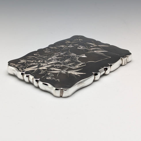 1881 British Antique Sterling Silver Card Case Japonisme Decoration 63g Deakin and Nephew