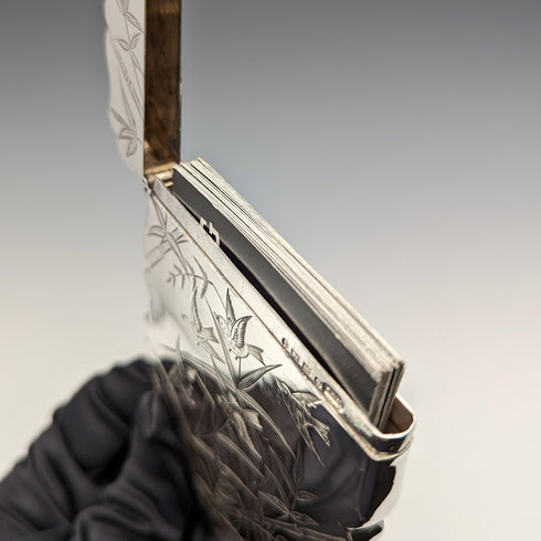 1881 British Antique Sterling Silver Card Case Japonisme Decoration 63g Deakin and Nephew