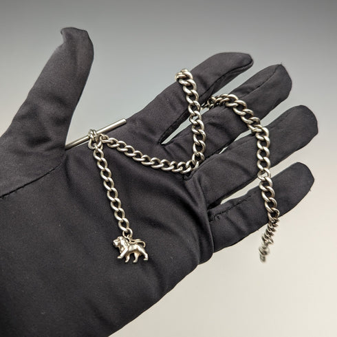 1900年頃 英国アンティーク 純銀製アルバートチェーン 29g 純銀ライオンフォブ