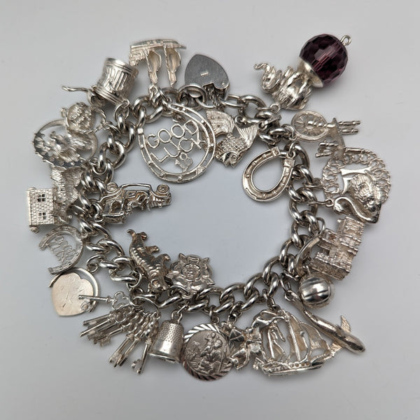 British vintage sterling silver charm bracelet 100g