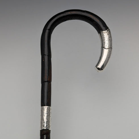 約 1910 年英國古董女士手杖,弧形手柄,純銀裝飾,83 厘米