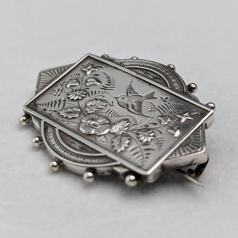 英國古董銀製花鳥圖案胸針