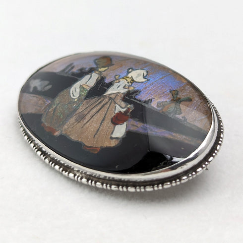 アンティーク 蝶の羽によるオランダ風景 シルバー製ブローチ