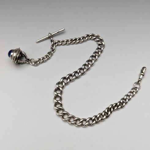 19世紀後半 英国アンティーク 純銀製アルバートチェーン 61g ラピスラズリフォブ