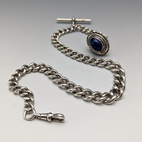 19世紀後半 英国アンティーク 純銀製アルバートチェーン 61g ラピスラズリフォブ