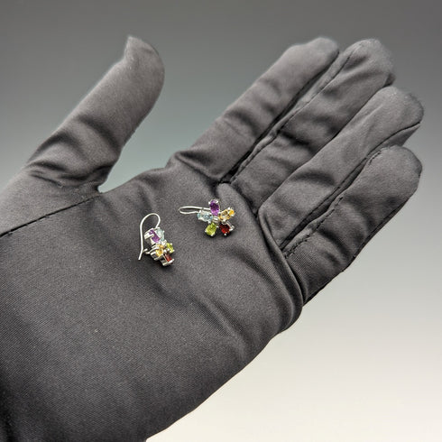 英国ヴィンテージジュエリー ダイヤモンド&マルチストーンフラワー 純銀ピアス