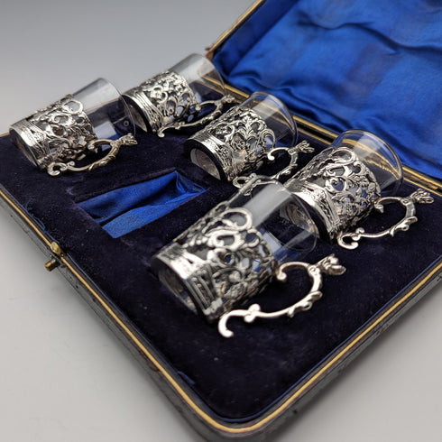 1906 British Antique Sterling Silver Holder Liqueur Glass Set of 5 Marks and Cohen Case