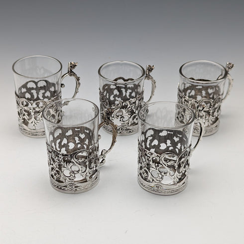 1906 British Antique Sterling Silver Holder Liqueur Glass Set of 5 Marks and Cohen Case