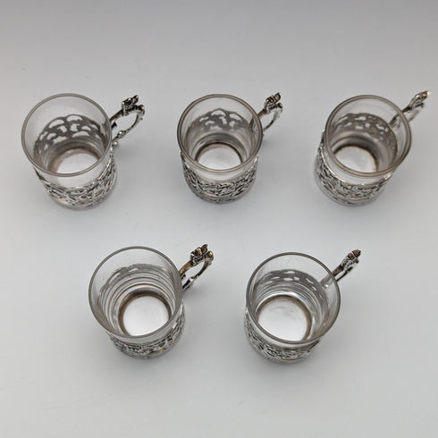 1906 British Antique Sterling Silver Holder Liqueur Glass Set of 5 Marks and Cohen Case
