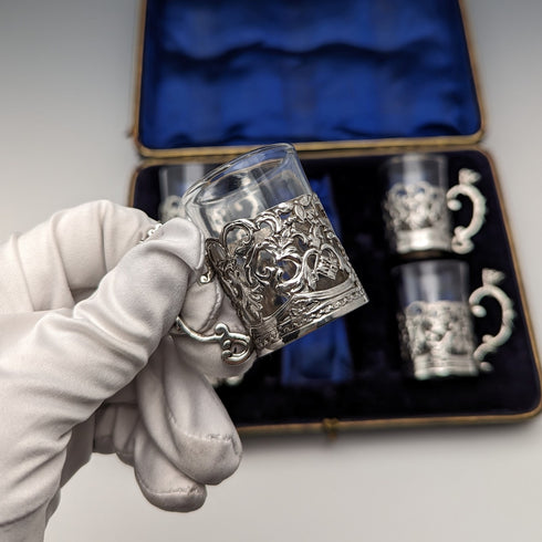 1906 British Antique Sterling Silver Holder Liqueur Glass Set of 5 Marks and Cohen Case
