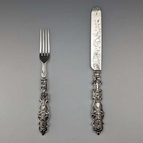 約 1860 年英國古董純銀手柄甜點餐具一對